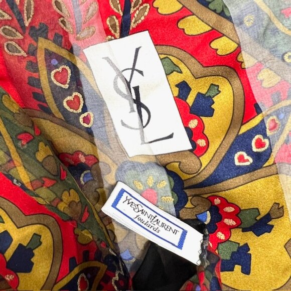 Unused Yves Saint Laurent 100% Silk Chiffon/Satin scarf 68x23 Black Red Flora(32 - Picture 14 of 16